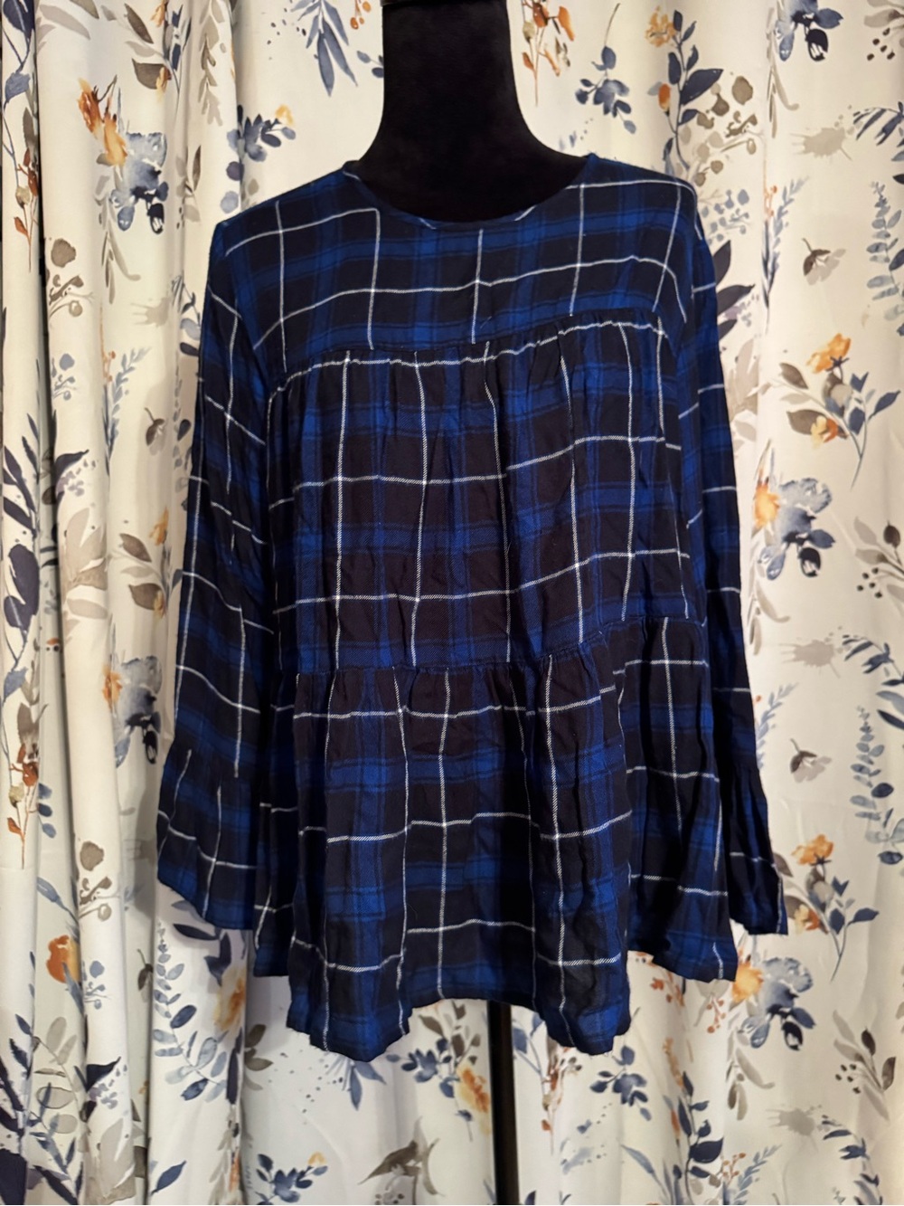 Blue Plaid Women's Peasant Blouse - Casual Long Sleeve Top Size Small B17